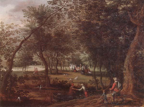 David Vinckboons A wooded river landscape with saint john the baptist preaching inthe distance France oil painting art